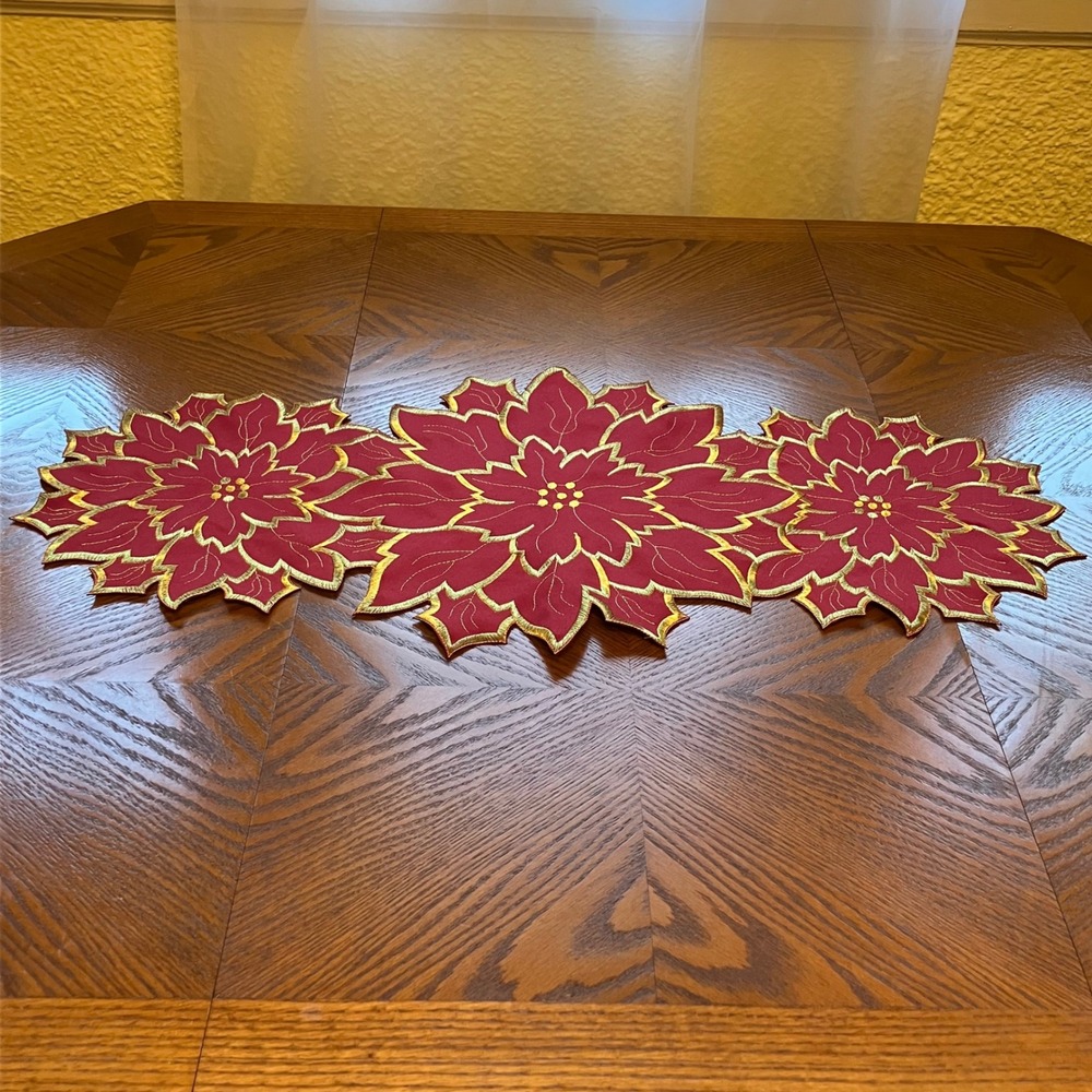 Poinsettia Table Runner Red Gold Embroidered Floral Classic Party Topper Decor